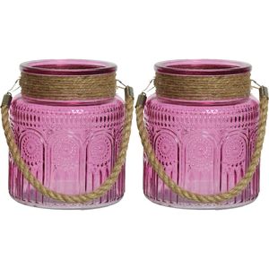 2x stuks windlichten/lantaarns relief - glas - D14 x H16 cm - fuchsia roze