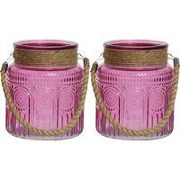 2x stuks windlichten/lantaarns relief - glas - D14 x H16 cm - fuchsia roze - thumbnail