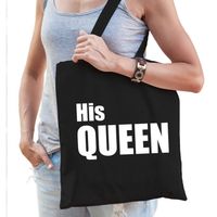 His queen tas / shopper zwart katoen met witte tekst voor dames - Feest Boodschappentassen - thumbnail