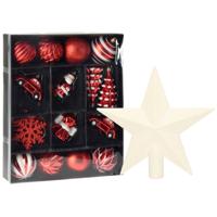 Kerstballen en ornamenten incl. ster piek rood/wit kunststof