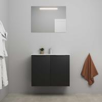On-Line Badkamermeubelset - 80 cm - Voorgemonteerd - 2 Deuren met Greep - Porseleinen Wastafel - 1 Kraangat - Spiegel met LED-Verlichting - Mat Zwart