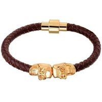 LGT Jewels Leren armband Edelstaal Twin Skull Goudkleurig Bruin LGT Jewels Leren armband Edelstaal Twin Skull Goudkleurig Bruin