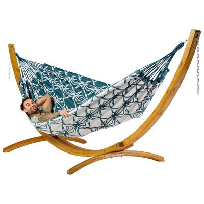 Familie hangmat met houten standaard - 400x180cm - Groen - 200kg draagkracht- 100% katoen - binnen & buiten
