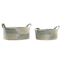 Basket spelset DKD Home Decor Wit Turkoois Natuurlijk Zeegras Tropisch 45 x 35 x 18 cm 2 Onderdelen