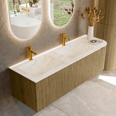 Badmeubel Mondiaz Kurve-Dlux | 145 cm cm | Meubelkleur Dusk | Wastafelkleur Ostra | Solid surface | Dubbel / Links spoelbak | 2 kraangaten