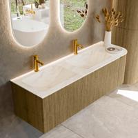 Badmeubel Mondiaz Kurve-Dlux | 145 cm cm | Meubelkleur Dusk | Wastafelkleur Ostra | Solid surface | Dubbel / Links spoelbak | 2 kraangaten