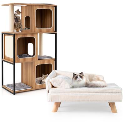 Set van 2 Huisdiermeubels Kattenboom met 3 Huisjes en Verhoogd Bed met Kussen voor Honden Katten en Puppy's