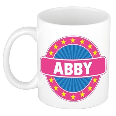 Abby voornaam koffiemok - beker - wit/roze - 300 ml - Cadeau - Dames - Collega - Moederdag Abby voornaam koffiemok - beker - wit/roze - 300 ml - Cadeau - Dames - Collega - Moederdag