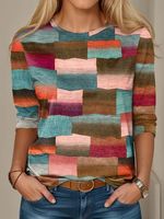 Casual Loose Multicolor Block Crew Neck T-Shirt - thumbnail