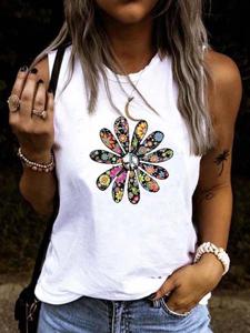 Floral-Print Cotton-Blend Casual Crew Neck Top