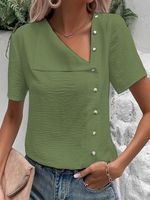 Plain Short Sleeve Buckle Casual Blouse - thumbnail