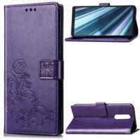 Lucky Clover ingedrukt bloemen patroon lederen draagtas voor Sony Xperia 1/Xperia XZ4 met houder & kaartsleuven & portemonnee & hand strap (paars)