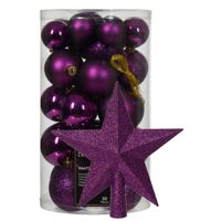 Kerstversiering set - 30x st kerstballen en ster piek - paars - kunststof