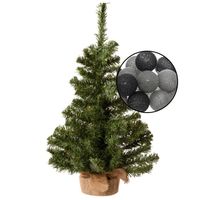 Mini kerstboom groen met verlichting - in jute zak - H60 cm - zwart/grijs - Kunstkerstboom - thumbnail