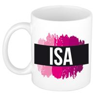 Isa naam cadeau koffie mok - beker - met roze verfstrepen - Cadeau collega - moederdag