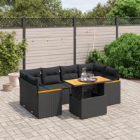 7-delige Loungeset met kussens poly rattan zwart