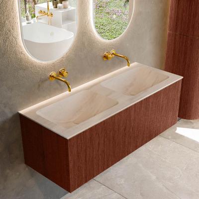 Badmeubel Mondiaz Kurve-Dlux | 120 cm | Meubelkleur Ruby | Wastafelkleur Meli | Solid surface | Wasbak beide zijden spoelbak | Zonder kraangat(en)