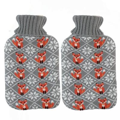 Warmwaterkruik - 2x - 2L - grijs - met hoes - kruik - winter print - vos