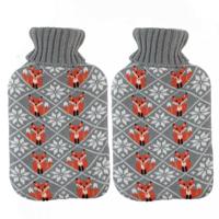 Warmwaterkruik - 2x - 2L - grijs - met hoes - kruik - winter print - vos