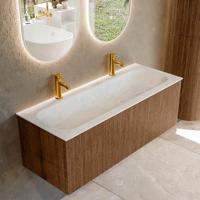 Badmeubel Mondiaz Kurve-Dlux | 120 cm | Meubelkleur Walnut | Wastafelkleur Opalo | Solid surface | Midden spoelbak | 2 kraangaten