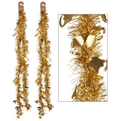 Lametta kerstslingers - 2x - goud - folie - 200 x 12 cm - met kerstklokjes