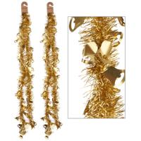 Lametta kerstslingers - 2x - goud - folie - 200 x 12 cm - met kerstklokjes
