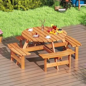 Ronde Picknicktafelset voor 2-8 Personen Ronde Kampeertafel met 4 Ingebouwde Banken 5 cm Parasolgat Buitentafel en Stoelen