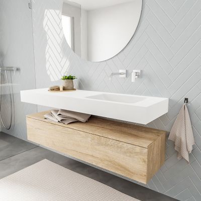 Mondiaz Alan badmeubel 150 cm washed oak 1 lade vrijhangend wastafel rechts zonder kraangat wit