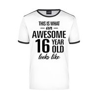 Awesome 16 year / 16 jaar wit/zwart ringer cadeau t-shirt voor heren