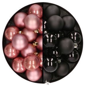 32x stuks kunststof kerstballen mix van oudroze en zwart 4 cm