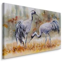 Schilderij - Kraanvogels op een veld (print op canvas), 4 maten, multi-gekleurd, premium print