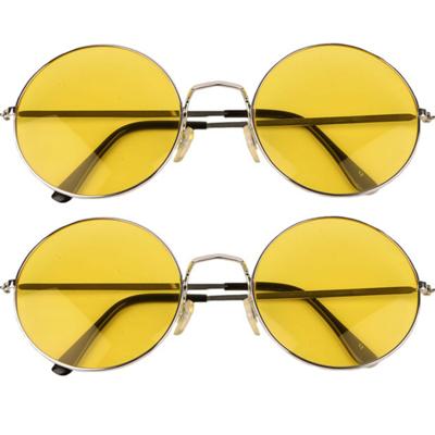 Party zonnebril - 2x - Hippie Flower Power Sixties - grote XL ronde glazen - geel Party zonnebril - 2x - Hippie Flower Power Sixties - grote XL ronde glazen - geel
