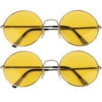 Party zonnebril - 2x - Hippie Flower Power Sixties - grote XL ronde glazen - geel