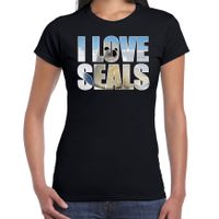 Tekst t-shirt I love seals met dieren foto van een zeehond zwart voor dames