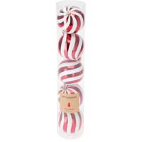 Kerstballen - 5x stuks - 8 cm - rood/wit - strepen - kunststof - kerstversiering
