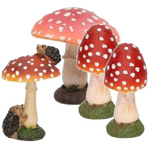 Decoratie paddenstoelen setje met 3x gewone paddenstoel en 1x met een egeltje - Tuinbeelden