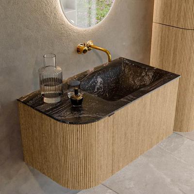 Badmeubel Mondiaz Kurve-Dlux | 85 cm | Meubelkleur Oak | Wastafelkleur Lava | Solid surface | Rechts spoelbak | Zonder kraangat(en)