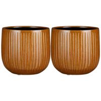 Plantenpot/bloempot keramiek okergeel ribbels glans patroon - 2x stuks - D25/H20 cm