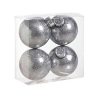 4x stuks kunststof kerstballen met glitter afwerking zilver 8 cm - Kerstbal - thumbnail