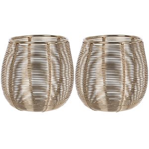 Set van 2x stuks metalen design windlicht/kaarsenhouder goud 9.5 cm