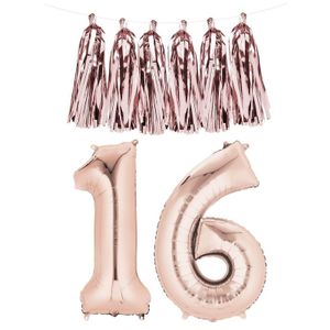 Sweet 16 folie ballon cijfer 16 rose goud met slinger