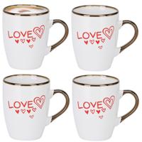 Siaki Koffiemok / theemok Love - 4x - wit/goud - 300 ml - mokken - aardewerk - valentijnsdag