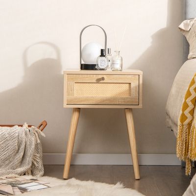 Rotan Nachtkastje Boho Bijzettafel met Handgeweven Rotan Decoratie Moderne Houten Bijzettafel uit het Midden Natuur