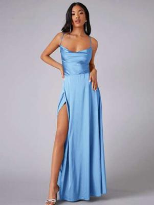 Bon&Bon Lilac Satin Bridesmaid Dress | Cowl Neck Maxi Gown with Split Blue / L