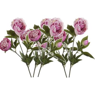 Kunstbloem pioenrozen tak - 5x - 3 bloemen - roze - 70 cm - decoratie