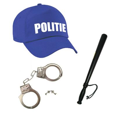 Carnaval verkleed speelgoed - Politiepet blauw - voor kinderen - gummi knuppel 50 cm - en handboeien