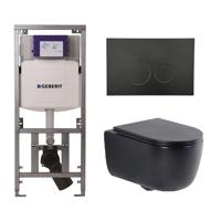 QeramiQ Dely Swirl Toiletset - 36.3x51.7cm - Geberit UP320 Burda inbouwreservoir - slim zitting - mat zwarte bedieningsplaat - ronde knoppen - mat zwart 0701131/SW706188/SW1000768/SW1026258