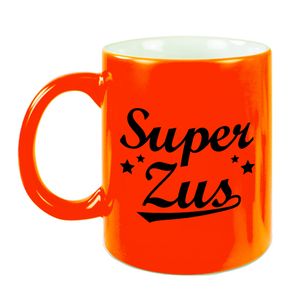 Super zus cadeau mok / beker neon oranje met sterren 330 ml