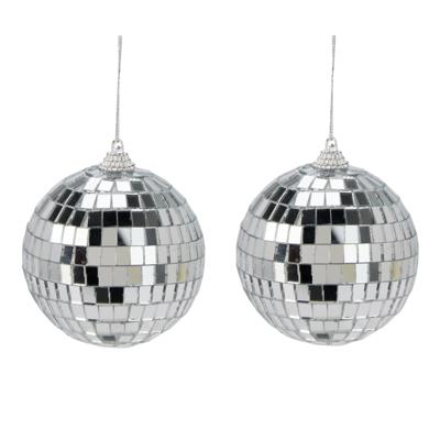 Disco kerstbal - 2x - zilver - D7,5 cm - foam - spiegelbol - discobol - kerstversiering