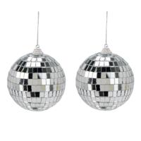 Disco kerstbal - 2x - zilver - D7,5 cm - foam - spiegelbol - discobol - kerstversiering